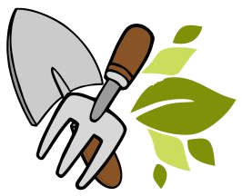image of garden trowel and fork, and some leaves. This forms part of Yr Ardd logo